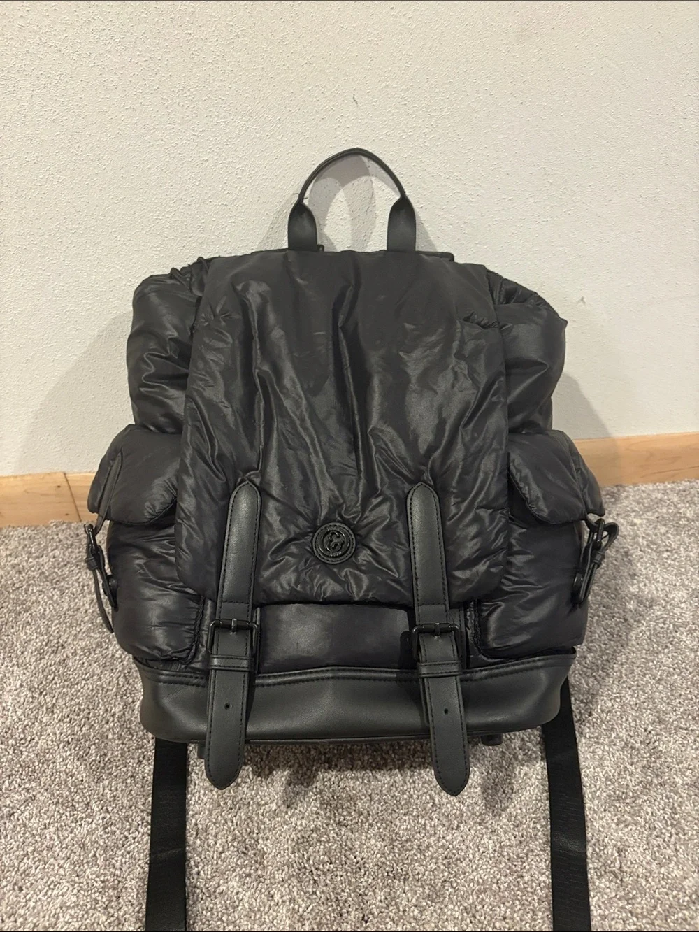 Joan & David Black Puffer Backpack with Leather Trim